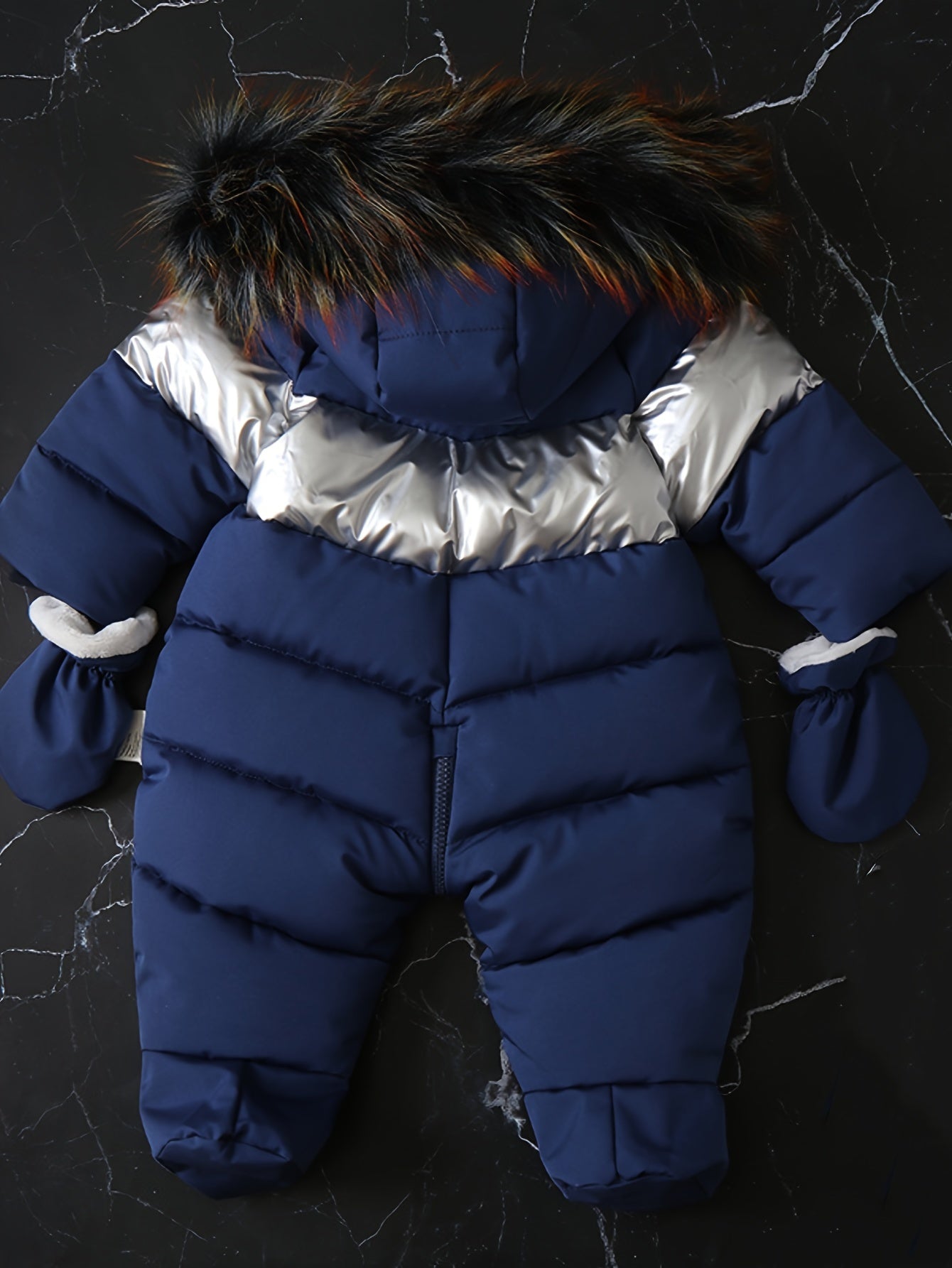 Hooded colorblock fleece baby jumpsuit