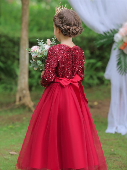 Long dress sequined wedding princess dress small host long sleeve mesh skirt bow dress