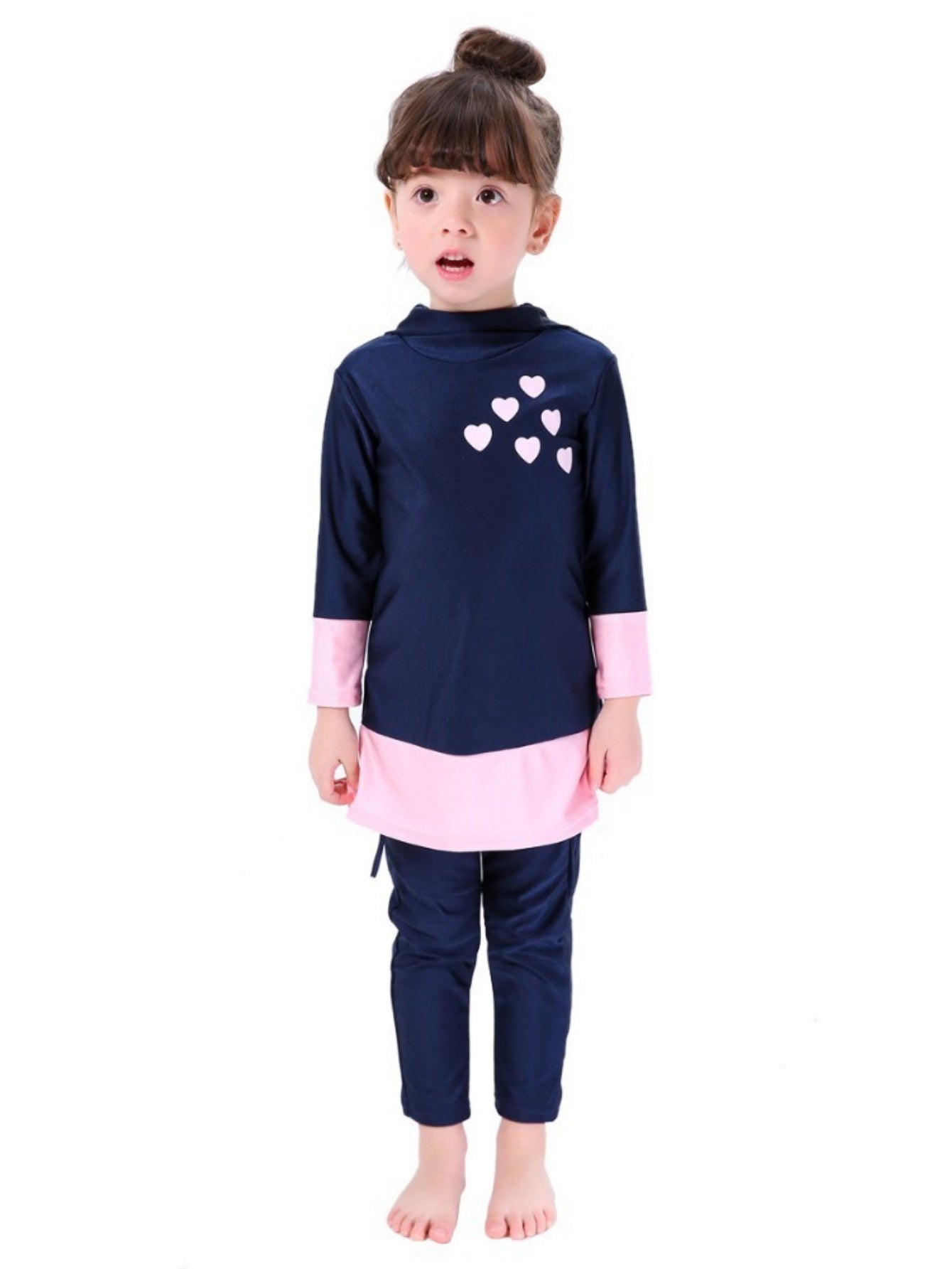 Girls conservative swimsuit Love children's beach swimsuit Hooded swimsuit + trousers two-piece set