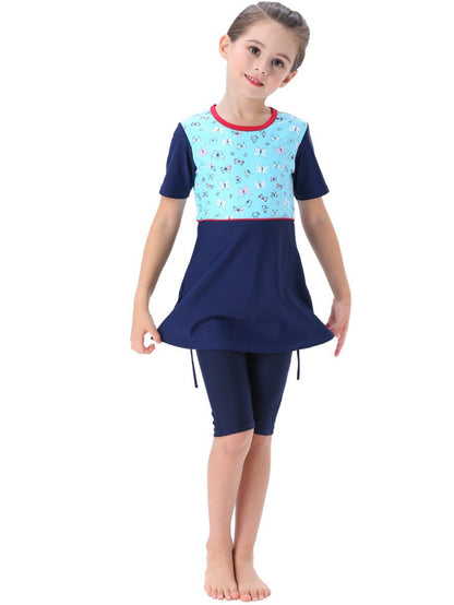 Girls conservative swimsuit Cute children's beach swimsuit Short sleeve + shorts two-piece set Patterned / butterfly print design