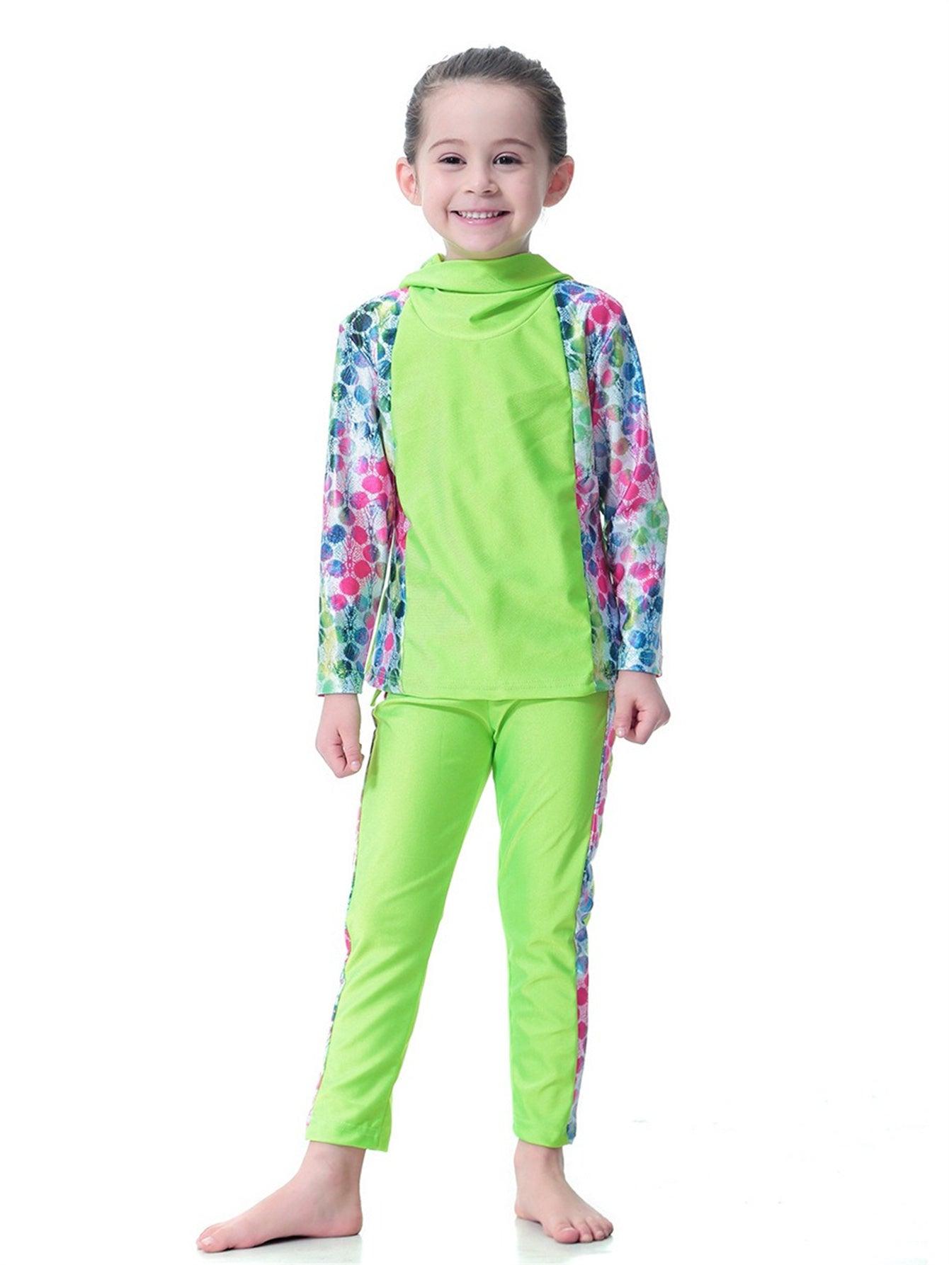 Girls Long Sleeve Splicing Waterproof Hooded Swimsuit Set