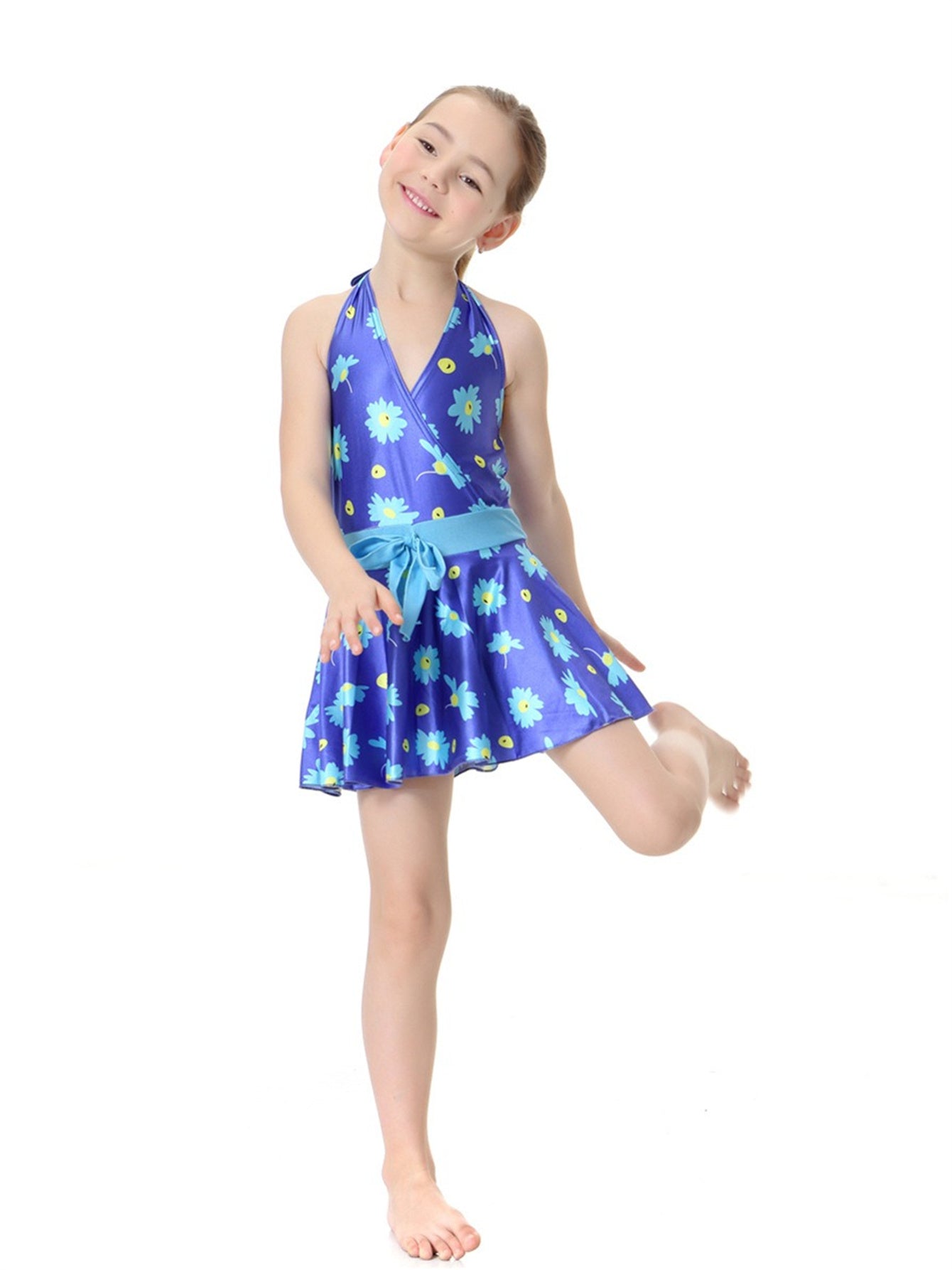 Girls Halter Neck Waist Floral Pattern Conservative Traditional One-Piece Swim Dress