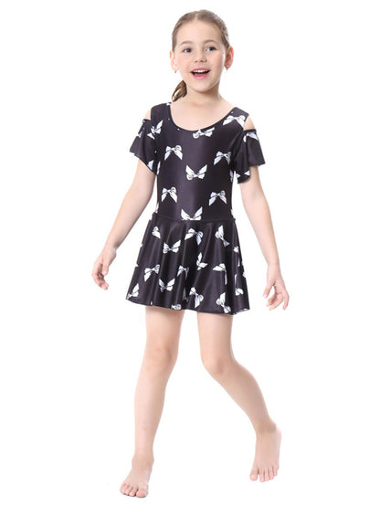 Girls Traditional Conservative Bow Print One-Piece Swimsuit Dress