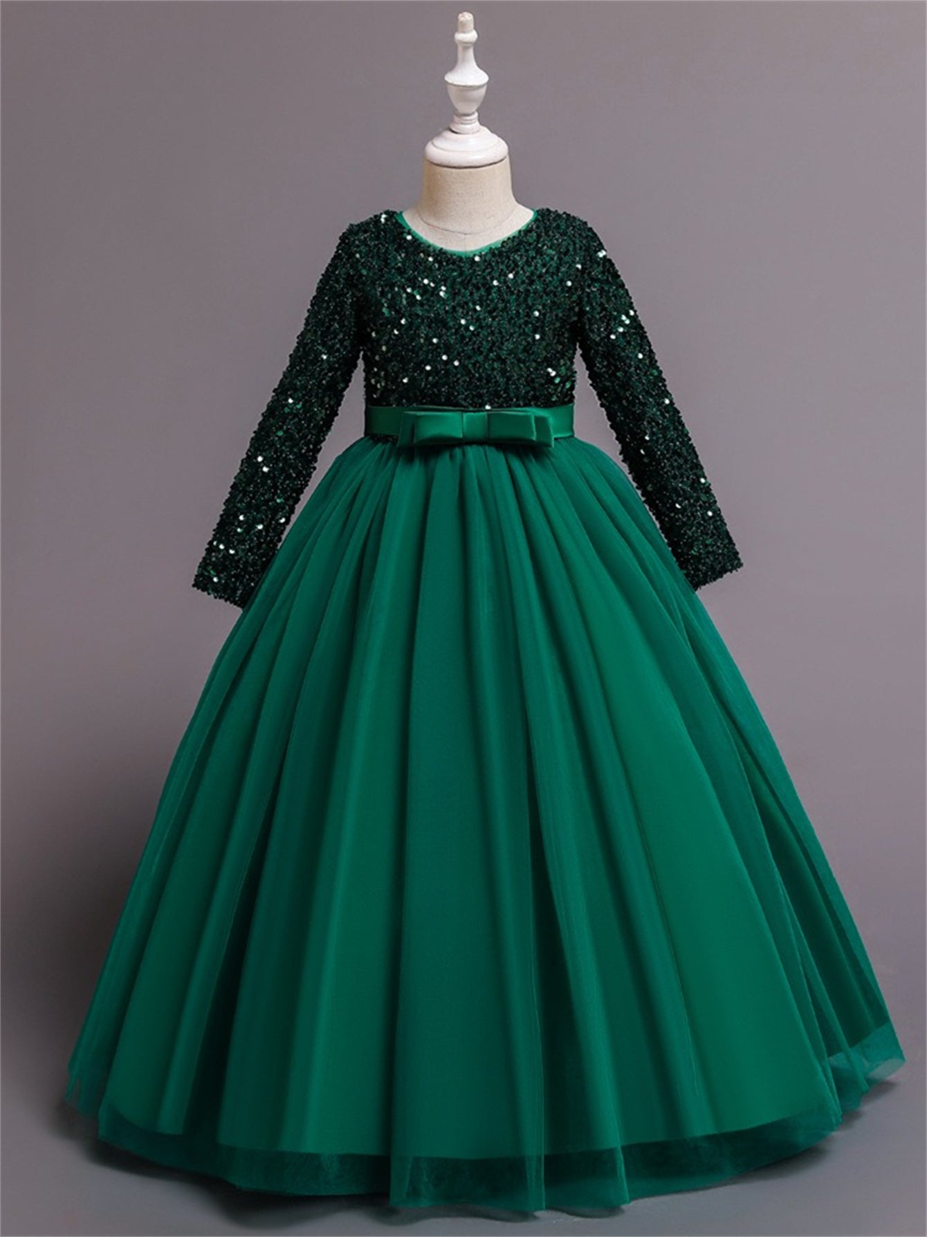 Long dress sequined wedding princess dress small host long sleeve mesh skirt bow dress