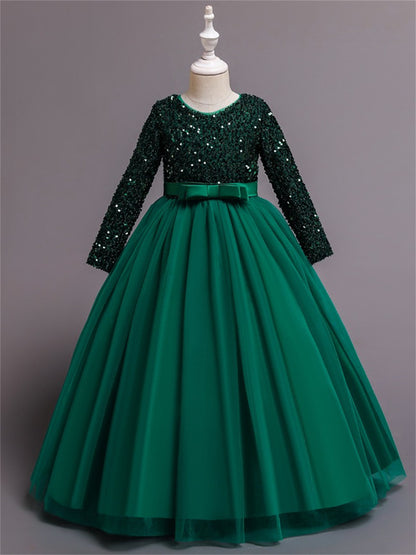 Long dress sequined wedding princess dress small host long sleeve mesh skirt bow dress