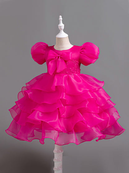Girls Puff Sleeve Dress Bow Princess Dress