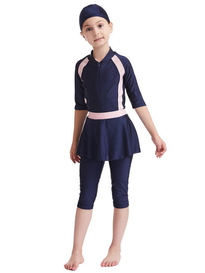 Girls conservative swimsuit top + shorts + hat pink, black, navy blue three-piece set