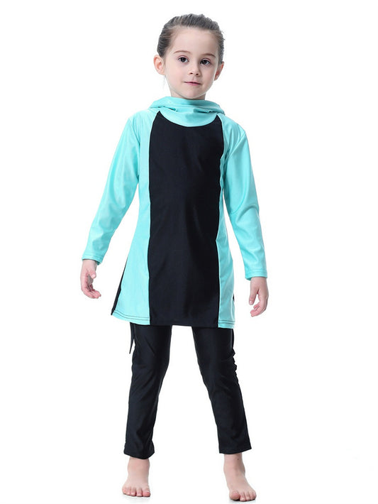 Girls Swimsuit Hooded Contrast Color Long Sleeve Long Pants Sun Protection Swimsuit Set