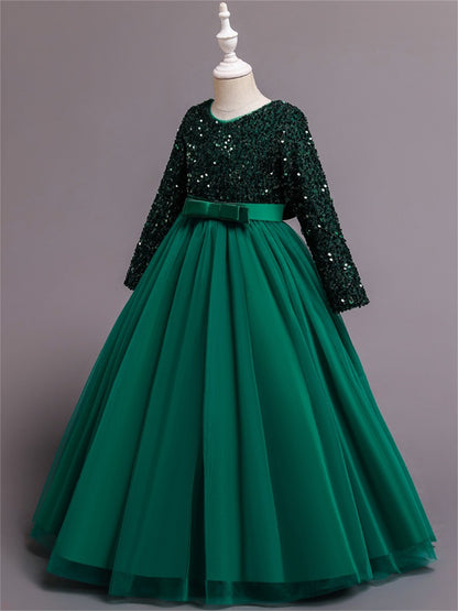 Long dress sequined wedding princess dress small host long sleeve mesh skirt bow dress