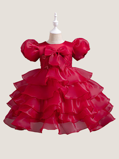 Girls Puff Sleeve Dress Bow Princess Dress