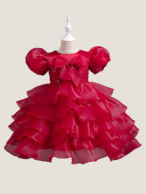 Girls Puff Sleeve Dress Bow Princess Dress