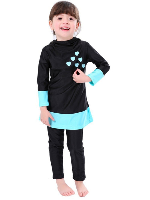 Girls conservative swimsuit Love children's beach swimsuit Hooded swimsuit + trousers two-piece set
