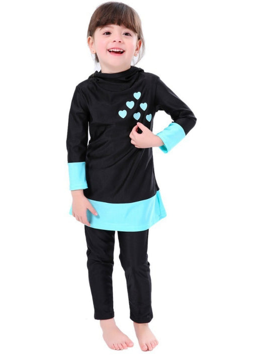 Girls conservative swimsuit Love children's beach swimsuit Hooded swimsuit + trousers two-piece set