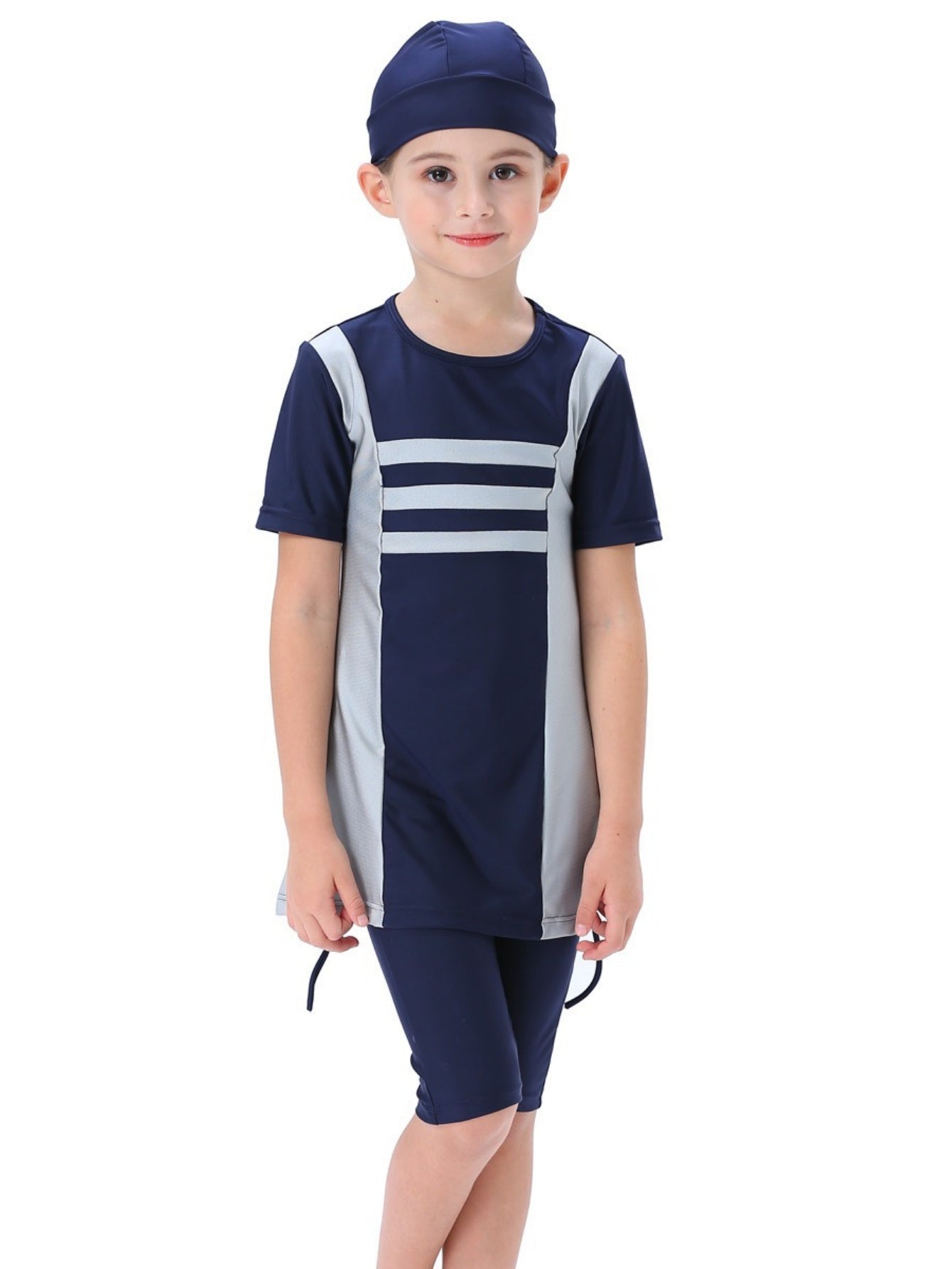 Girls three-piece suit: top + shorts + hat Girls conservative short-sleeved swimsuit horizontal stripe contrast color swimsuit