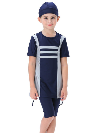 Girls three-piece suit: top + shorts + hat Girls conservative short-sleeved swimsuit horizontal stripe contrast color swimsuit