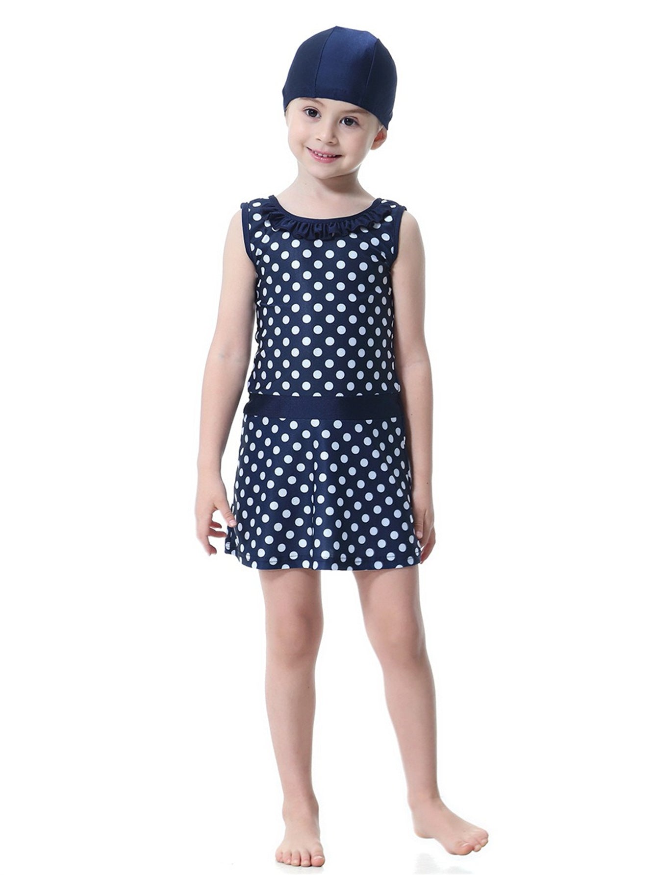 Girls Conservative Lace Polka Dot Multi-Piece Swim Dress