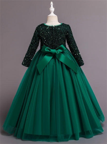 Long dress sequined wedding princess dress small host long sleeve mesh skirt bow dress