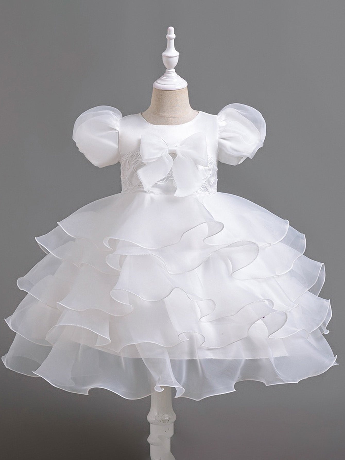 Girls Puff Sleeve Dress Bow Princess Dress
