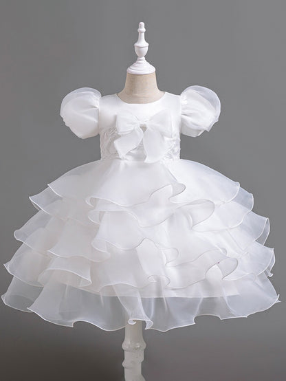 Girls Puff Sleeve Dress Bow Princess Dress