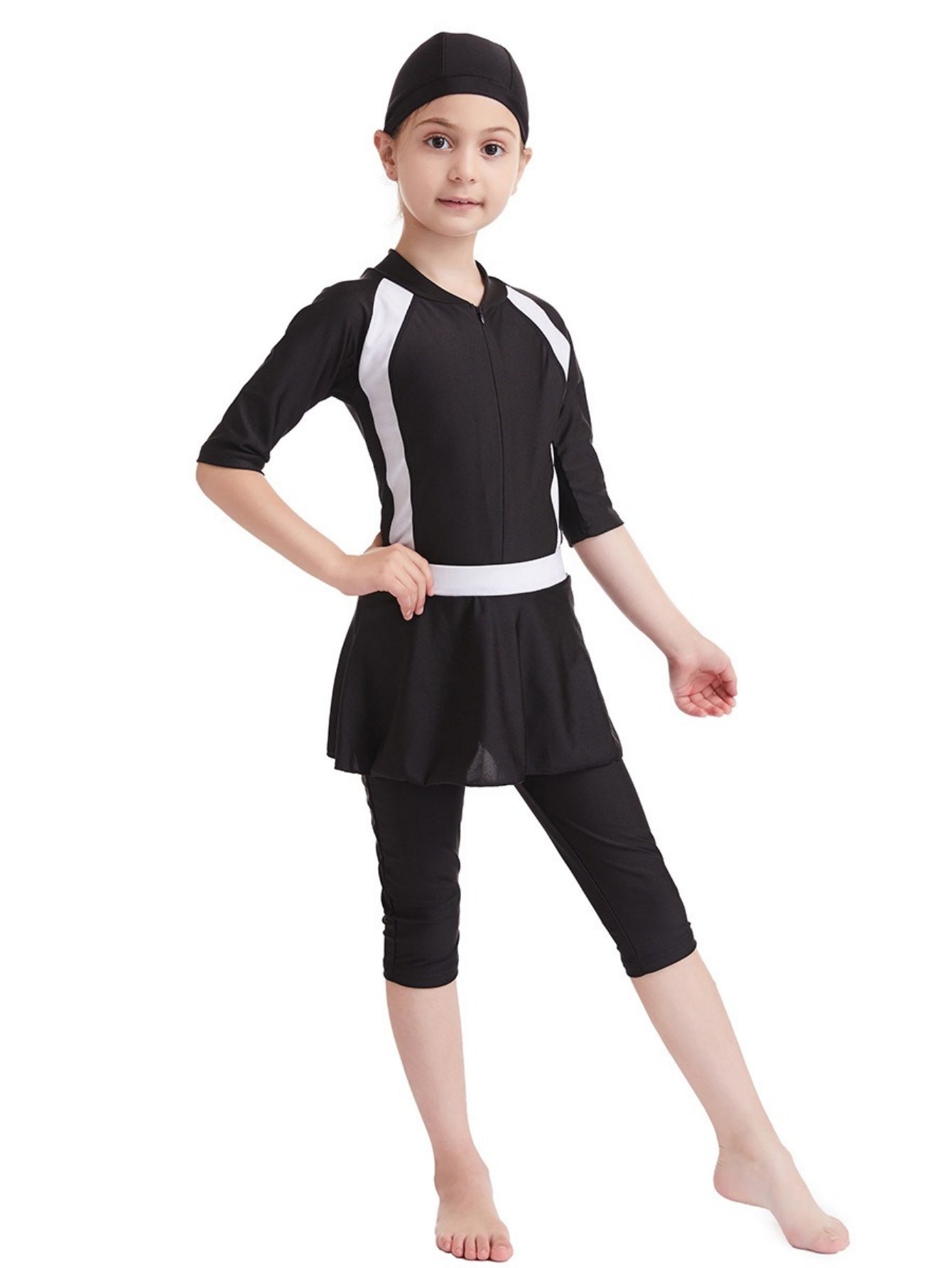 Girls conservative swimsuit top + shorts + hat pink, black, navy blue three-piece set