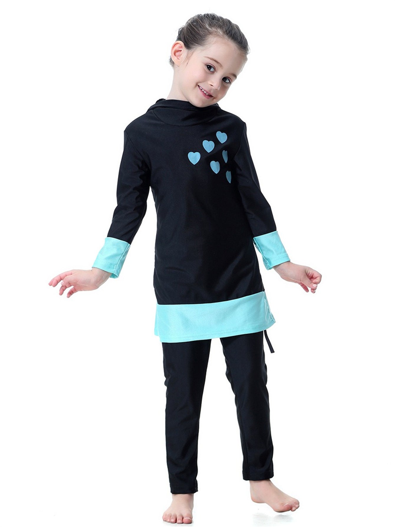 Girls' long-sleeved trousers contrast color heart hooded swimsuit set