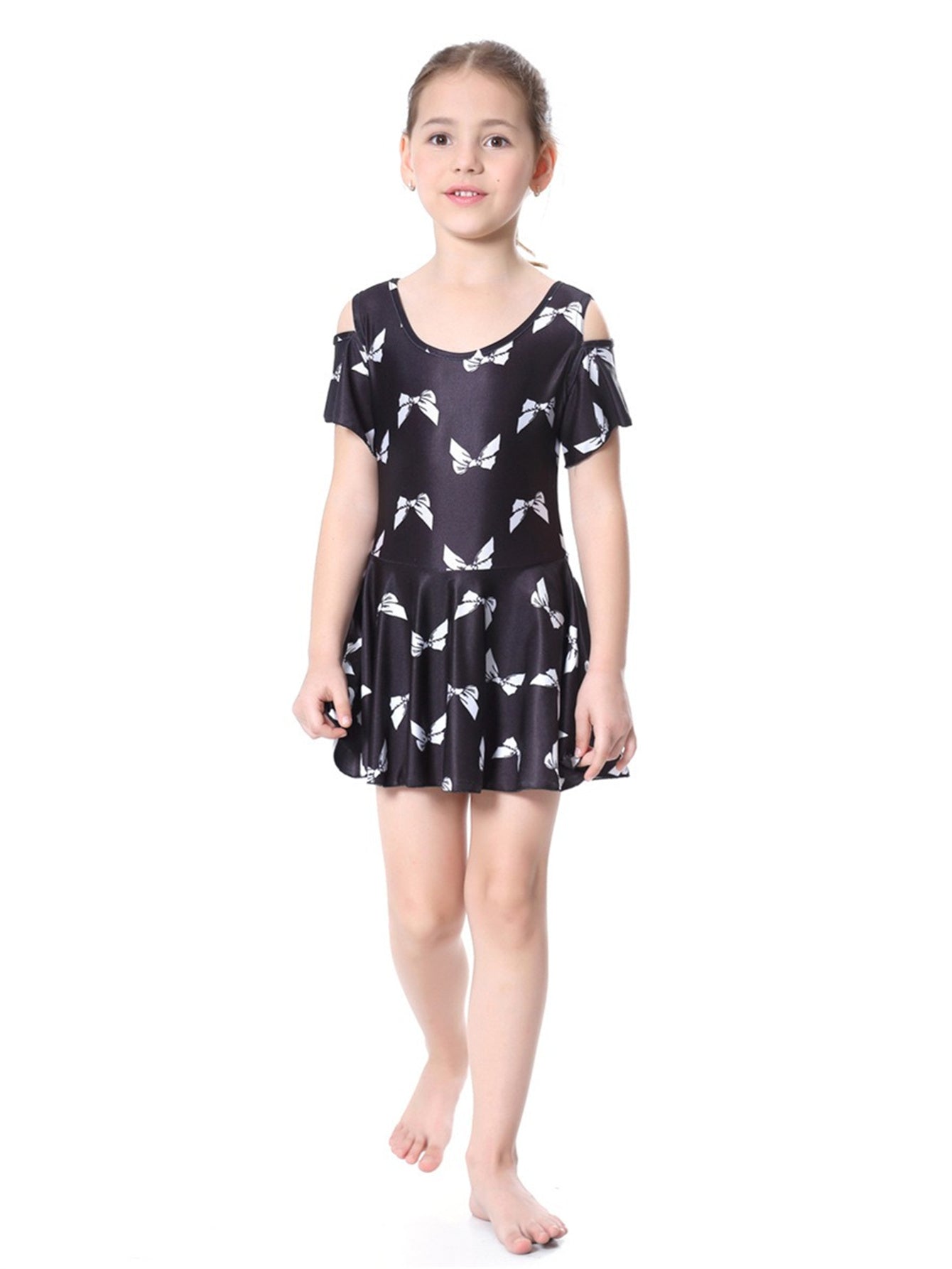 Girls Traditional Conservative Bow Print One-Piece Swimsuit Dress