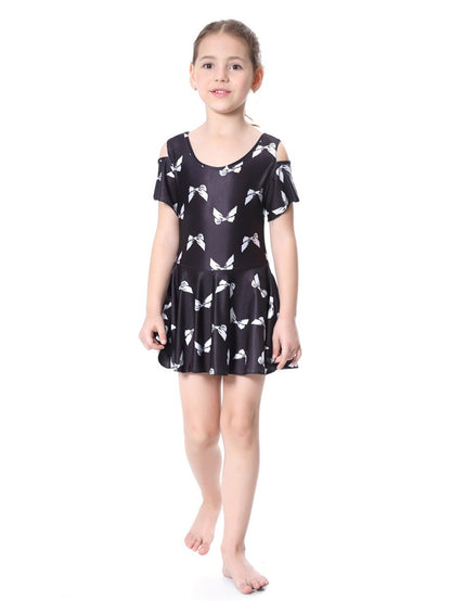 Girls Traditional Conservative Bow Print One-Piece Swimsuit Dress