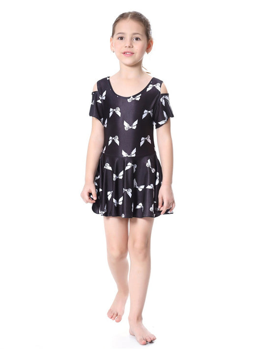 Girls Traditional Conservative Bow Print One-Piece Swimsuit Dress