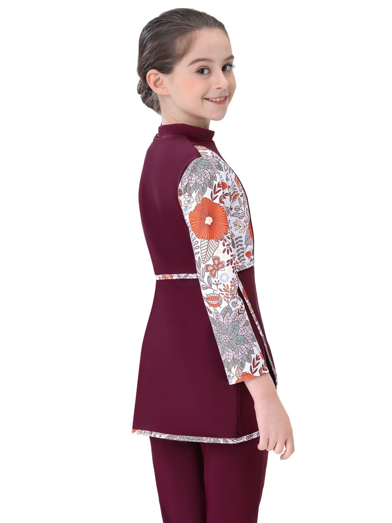 Girls conservative swimsuit bukini children's beach swimsuit long sleeve random print design top + trousers two-piece set
