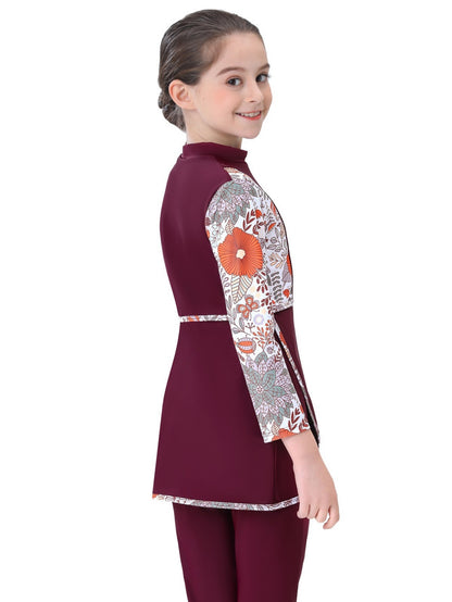 Girls conservative swimsuit bukini children's beach swimsuit long sleeve random print design top + trousers two-piece set