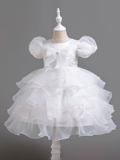 Girls Puff Sleeve Dress Bow Princess Dress