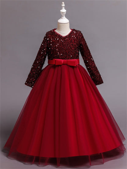 Long dress sequined wedding princess dress small host long sleeve mesh skirt bow dress