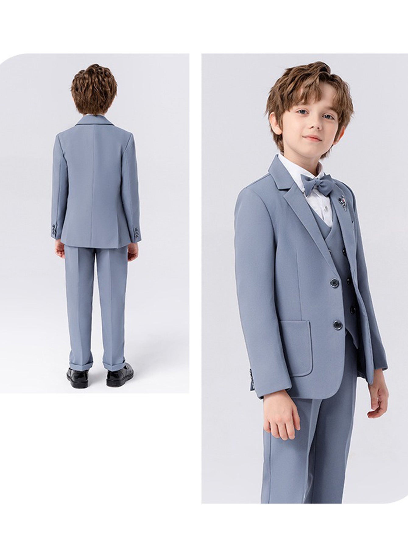 Boys solid color suit (shirt + jacket + vest + pants + bow tie + brooch)