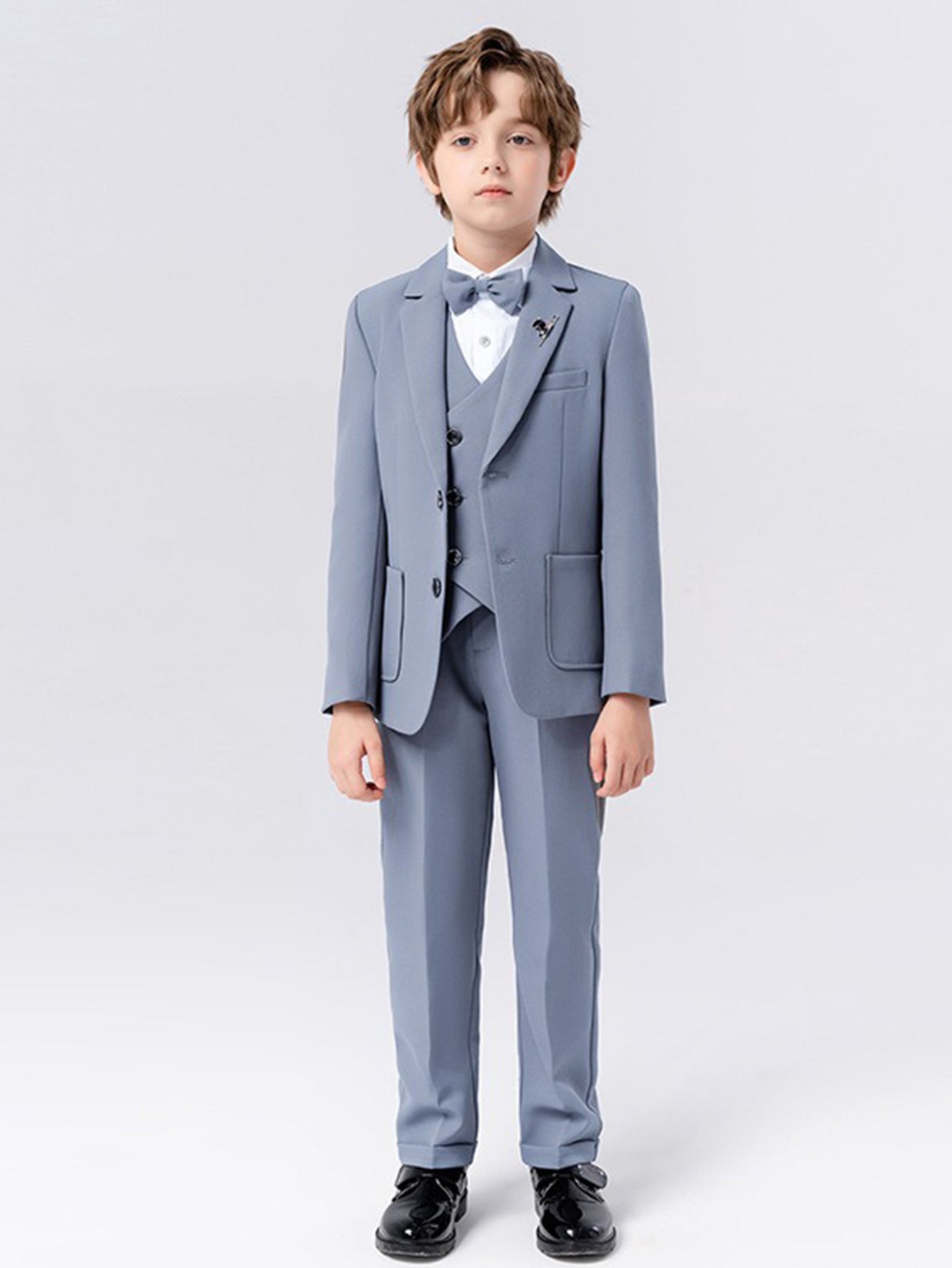 Boys solid color suit (shirt + jacket + vest + pants + bow tie + brooch)