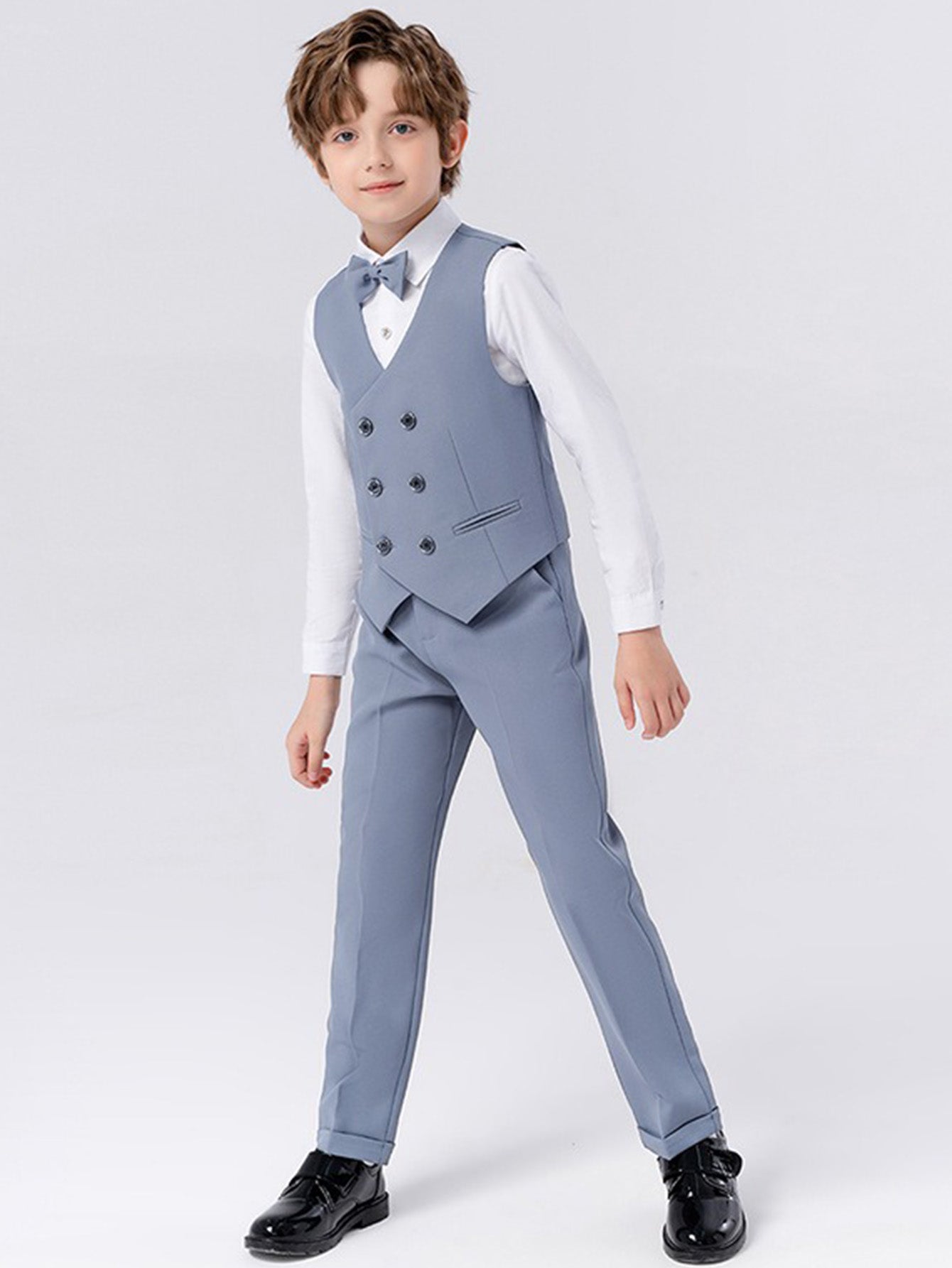 Boys solid color suit (shirt + jacket + vest + pants + bow tie + brooch)