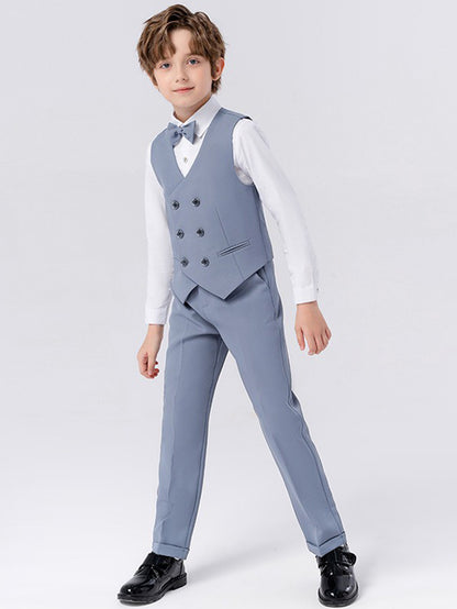 Boys solid color suit (shirt + jacket + vest + pants + bow tie + brooch)