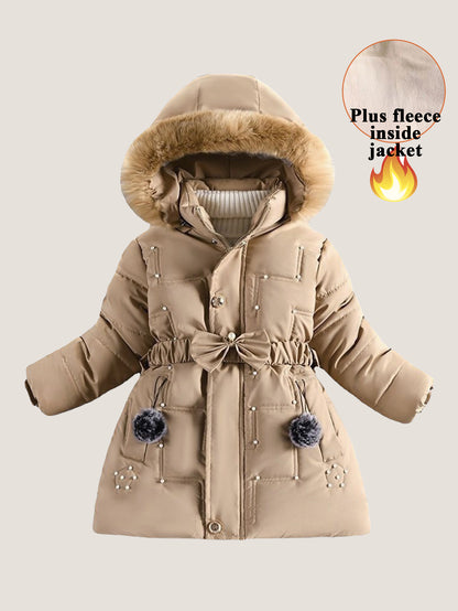 Girls Pearl Bow Hooded Cotton Jacket