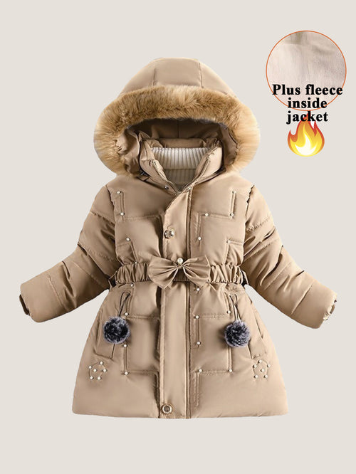 Girls Pearl Bow Hooded Cotton Jacket