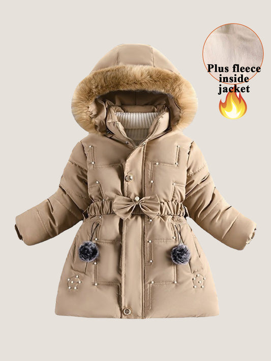 Girls Pearl Bow Hooded Cotton Jacket