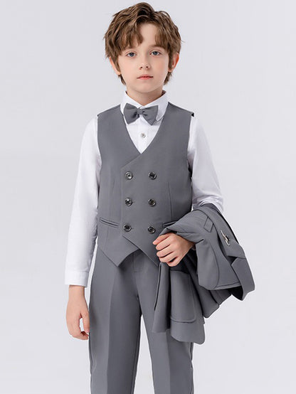 Boys solid color suit (shirt + jacket + vest + pants + bow tie + brooch)