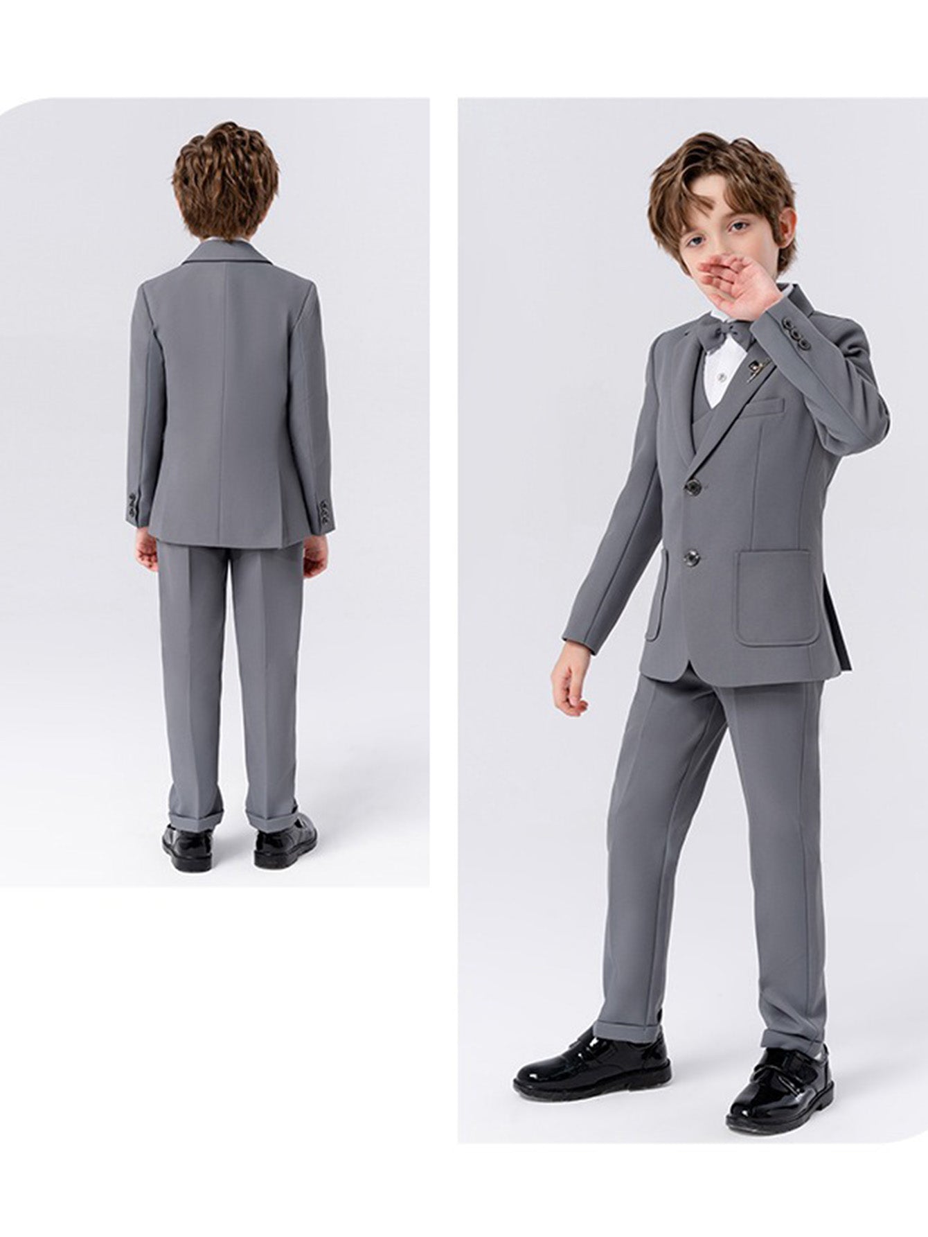 Boys solid color suit (shirt + jacket + vest + pants + bow tie + brooch)