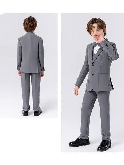 Boys solid color suit (shirt + jacket + vest + pants + bow tie + brooch)