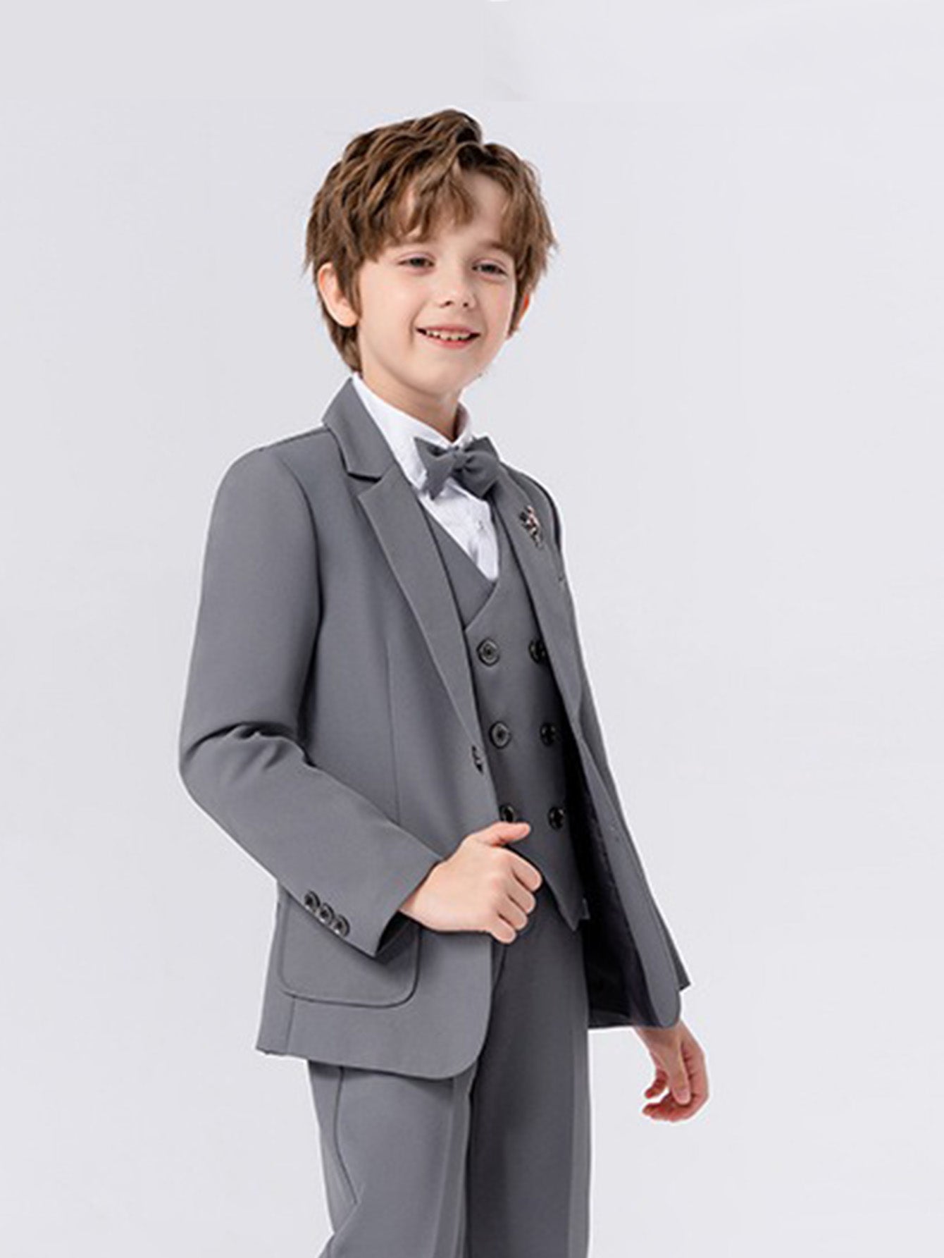 Boys solid color suit (shirt + jacket + vest + pants + bow tie + brooch)
