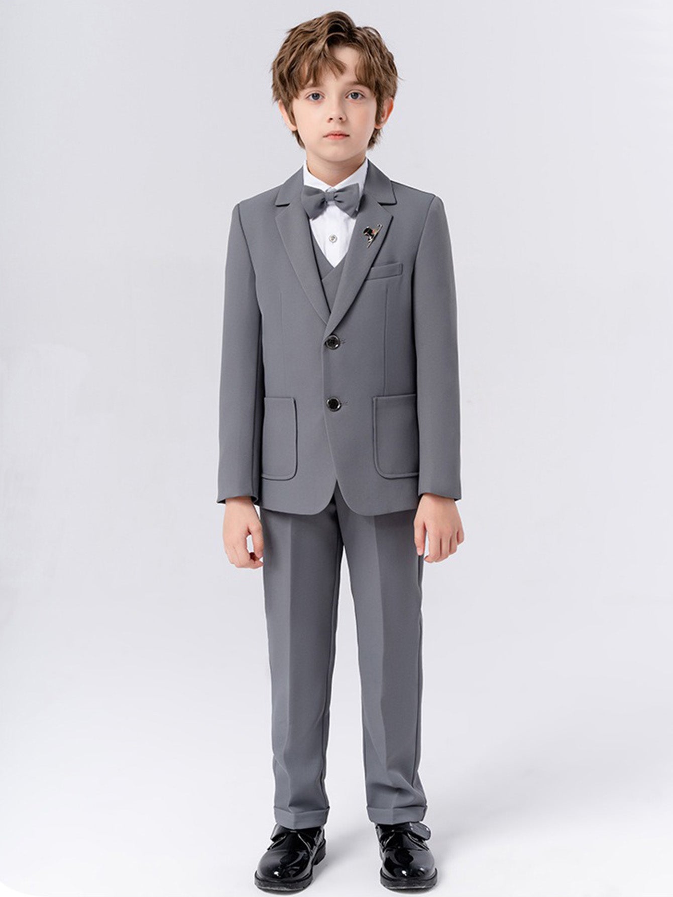 Boys solid color suit (shirt + jacket + vest + pants + bow tie + brooch)