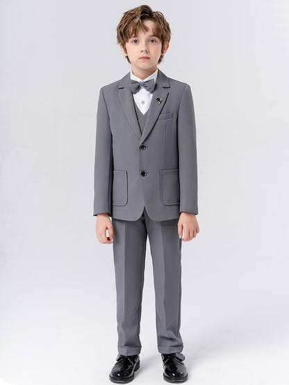Boys solid color suit (shirt + jacket + vest + pants + bow tie + brooch)