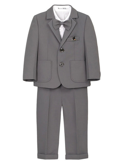Boys solid color suit (shirt + jacket + vest + pants + bow tie + brooch)