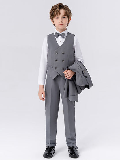 Boys solid color suit (shirt + jacket + vest + pants + bow tie + brooch)