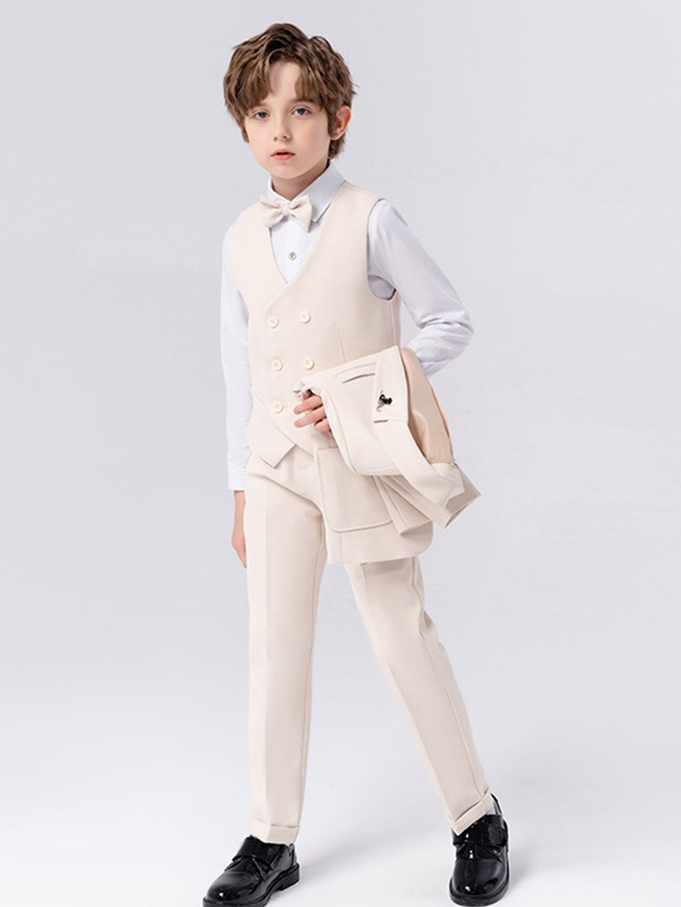Boys solid color suit (shirt + jacket + vest + pants + bow tie + brooch)