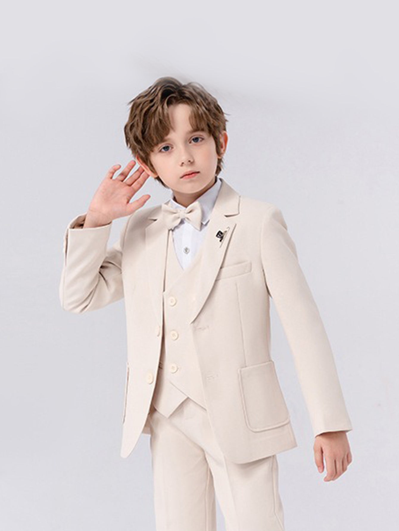 Boys solid color suit (shirt + jacket + vest + pants + bow tie + brooch)