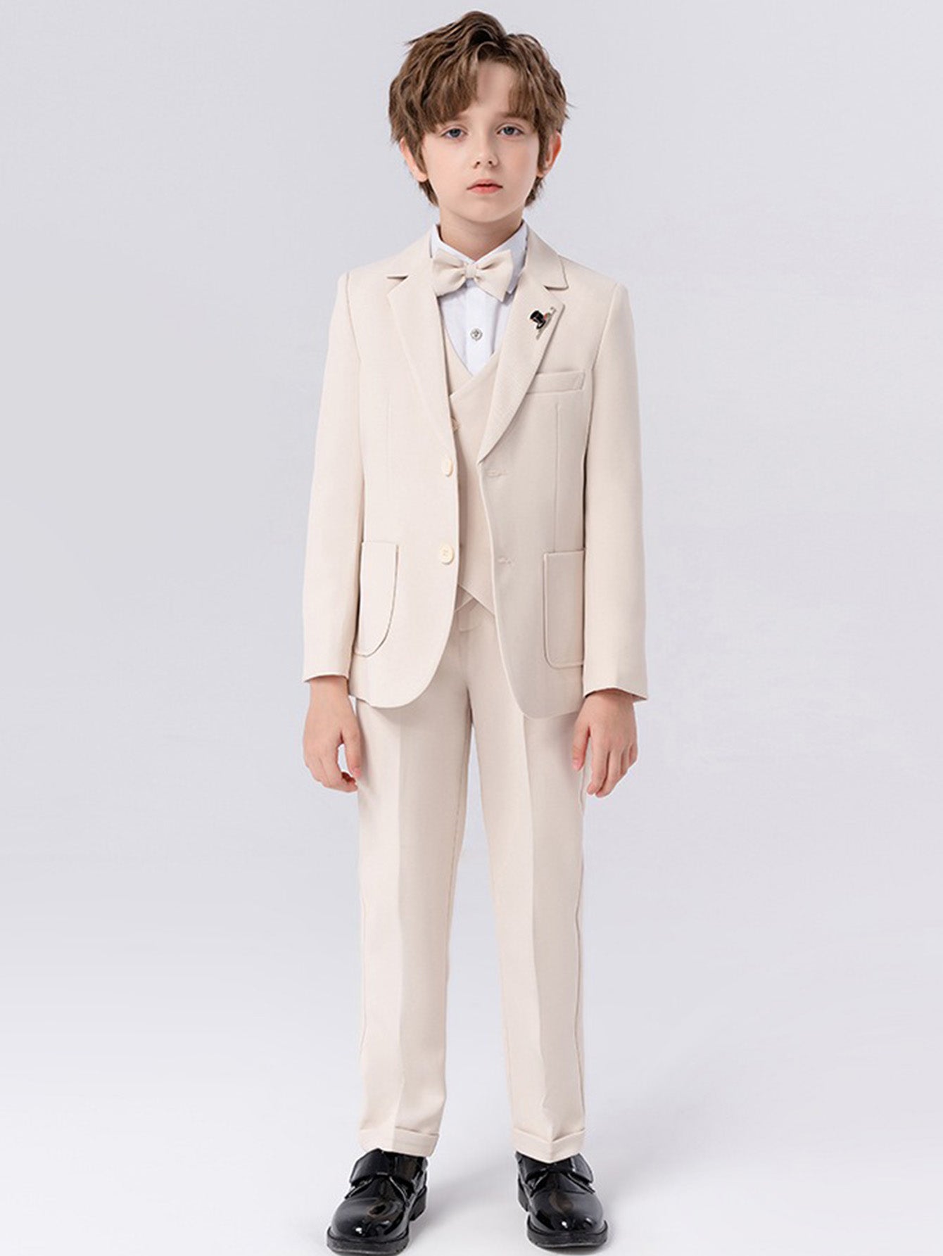 Boys solid color suit (shirt + jacket + vest + pants + bow tie + brooch)